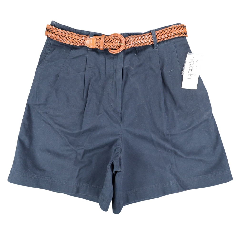 Rafaella Twill Shorts Womens 10 Vintage 90s Navy Blue Cotton Pleated Belted NWT